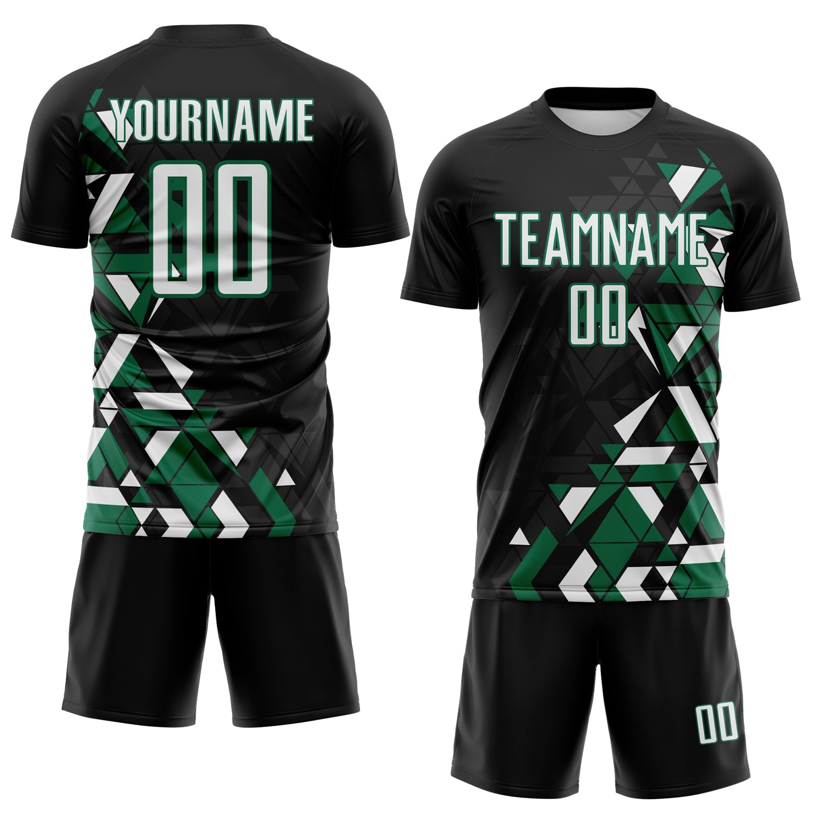 Custom Black White-Kelly Green Geometric Grid Gradient Sublimation Soccer Uniform Jersey view 2
