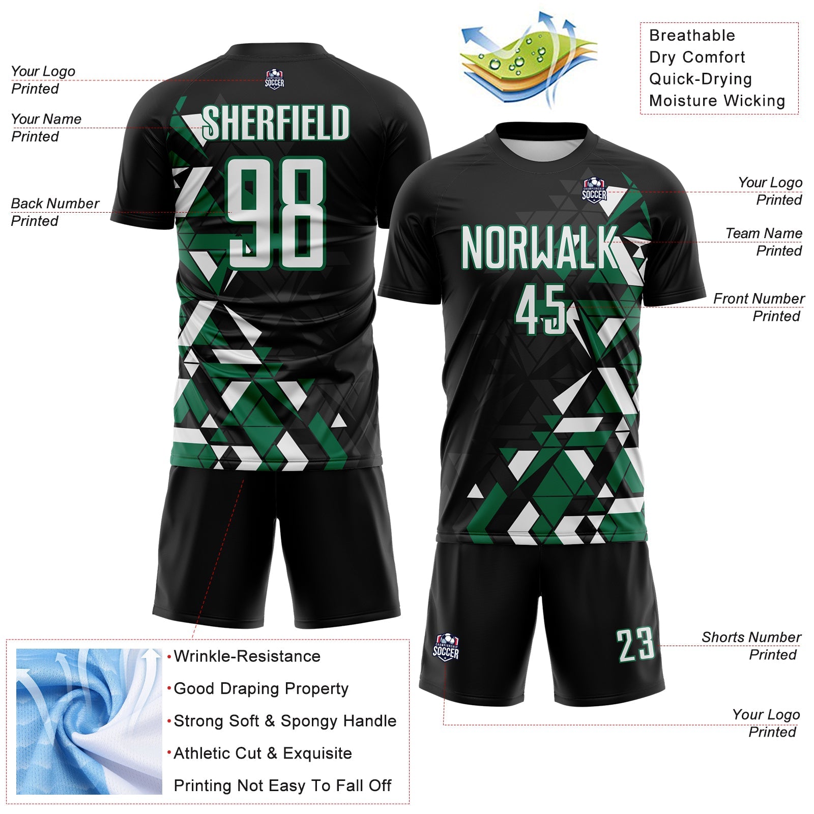 Custom Black White-Kelly Green Geometric Grid Gradient Sublimation Soccer Uniform Jersey view 4