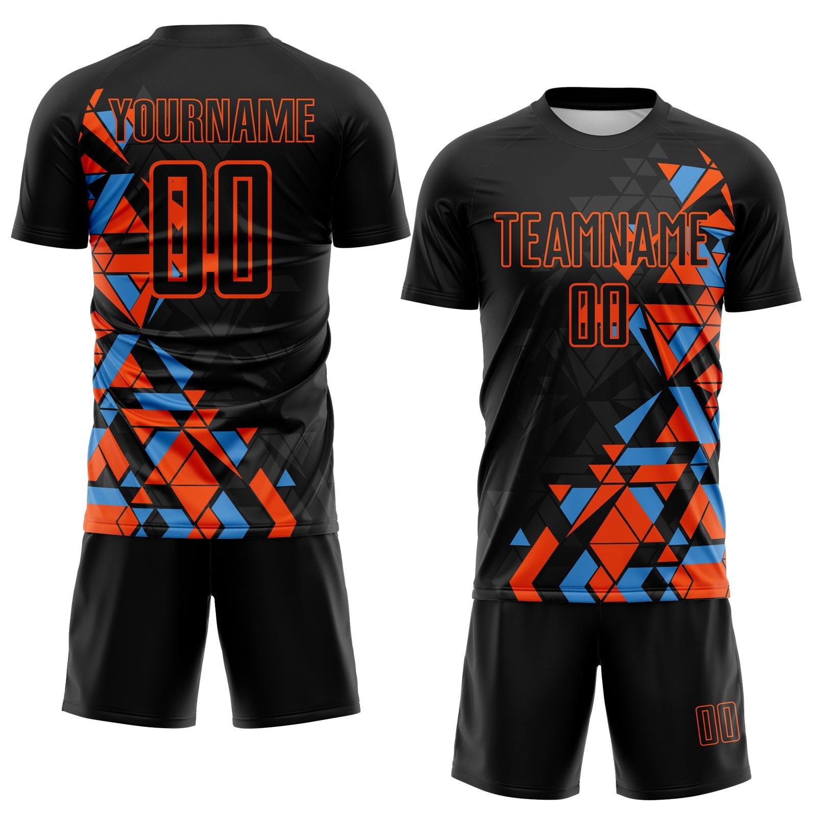 Custom Black Orange-Powder Blue Geometric Grid Gradient Sublimation Soccer Uniform Jersey view 2