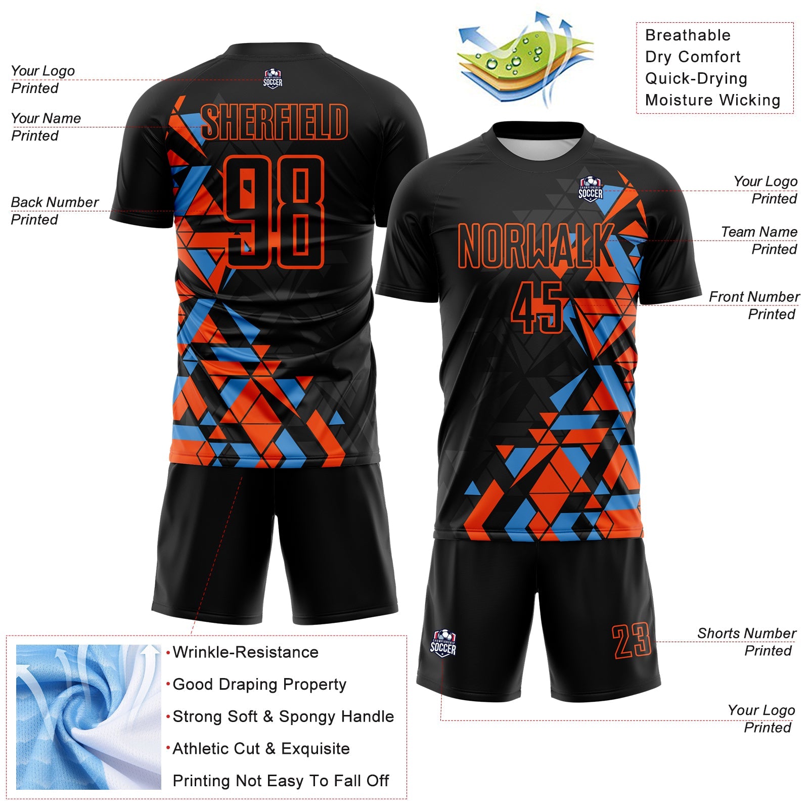 Custom Black Orange-Powder Blue Geometric Grid Gradient Sublimation Soccer Uniform Jersey view 4