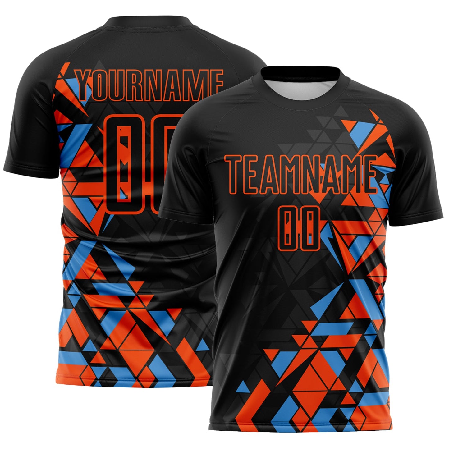 Custom Black Orange-Powder Blue Geometric Grid Gradient Sublimation Soccer Uniform Jersey - Main View