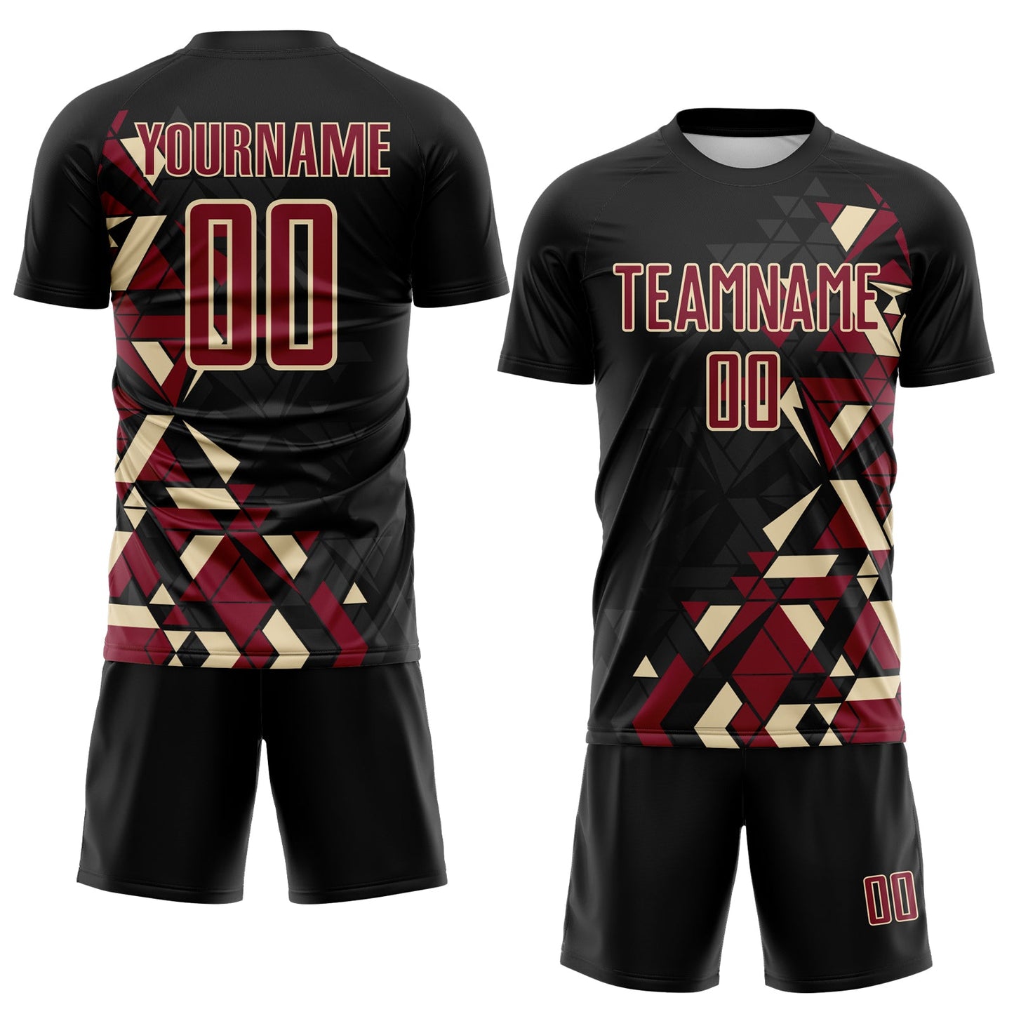 Custom Black Crimson-Cream Geometric Grid Gradient Sublimation Soccer Uniform Jersey view 2