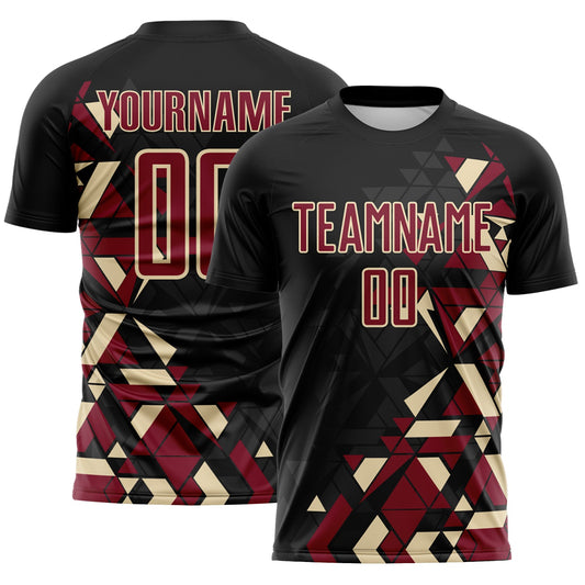 Custom Black Crimson-Cream Geometric Grid Gradient Sublimation Soccer Uniform Jersey - Main View