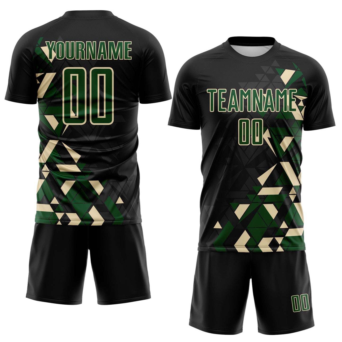 Custom Black Green-Cream Geometric Grid Gradient Sublimation Soccer Uniform Jersey view 2