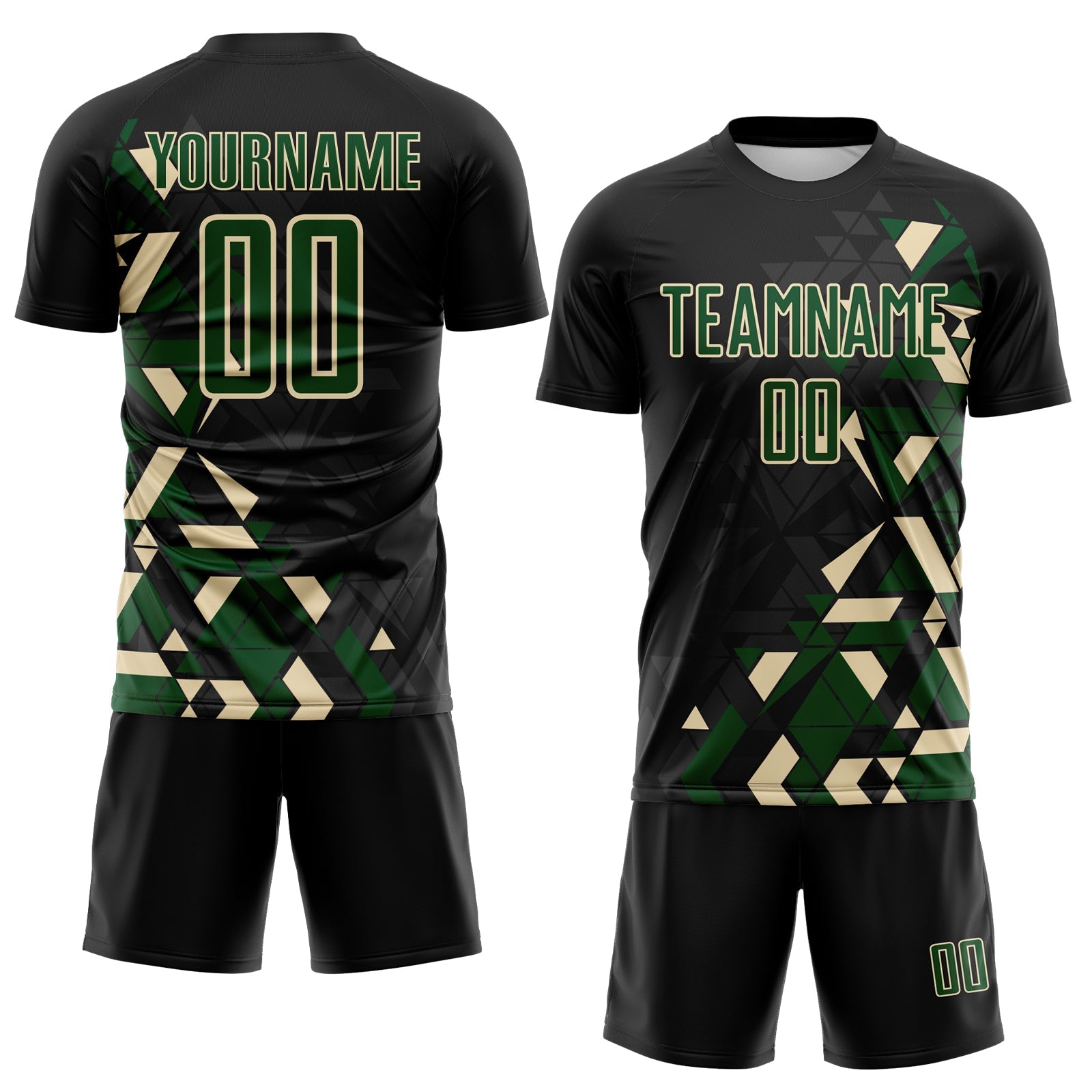 Custom Black Green-Cream Geometric Grid Gradient Sublimation Soccer Uniform Jersey view 2