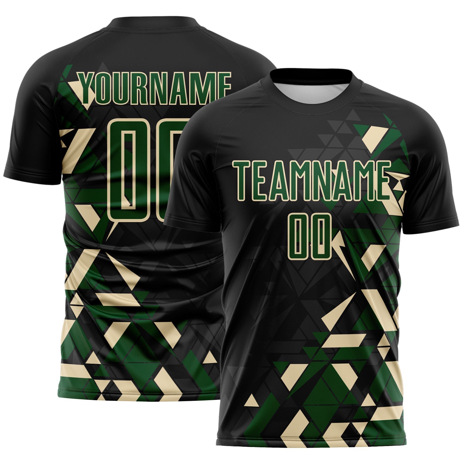 Custom Black Green-Cream Geometric Grid Gradient Sublimation Soccer Uniform Jersey - Main View