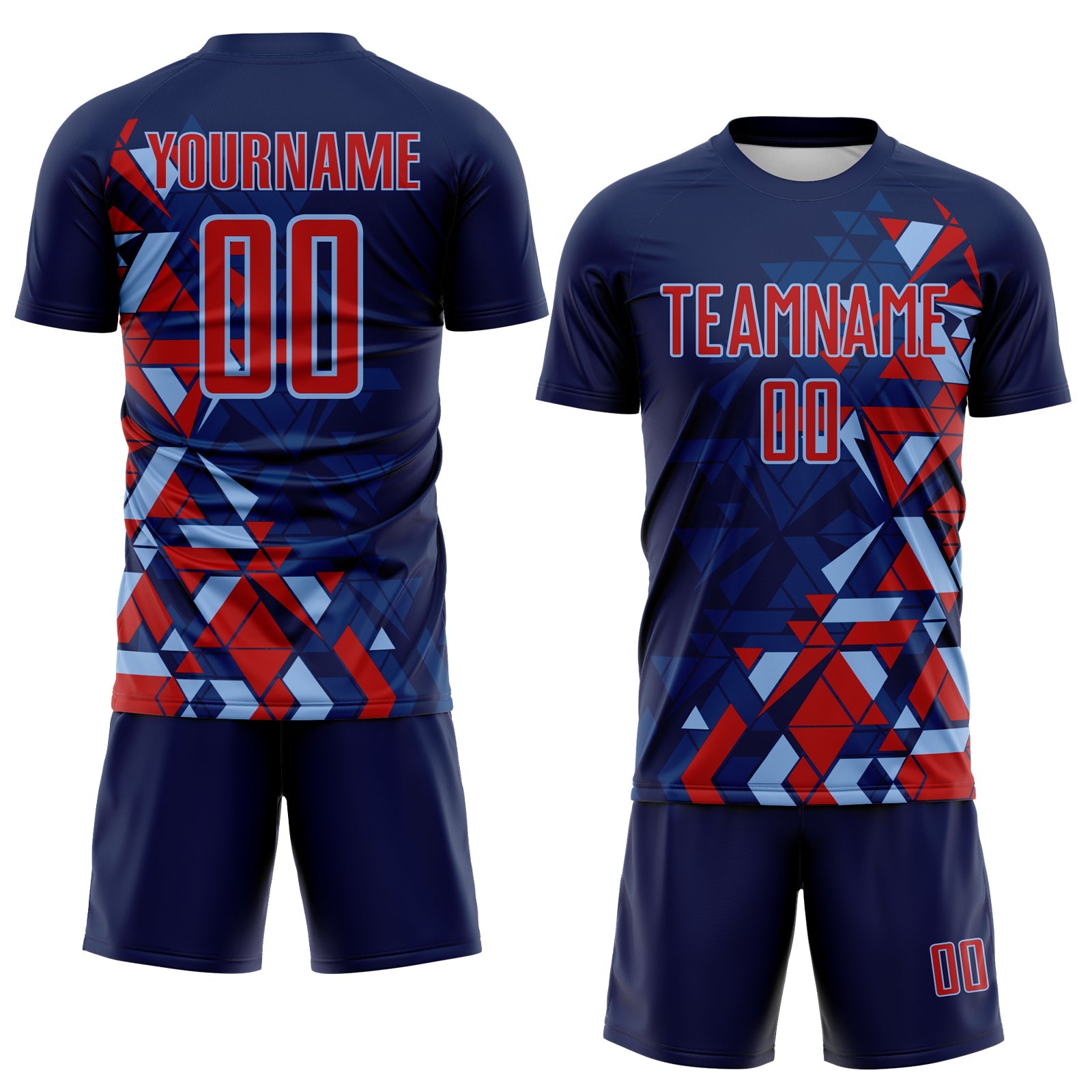 Custom Navy Red US Navy Blue-Light Blue Geometric Grid Gradient Sublimation Soccer Uniform Jersey view 2
