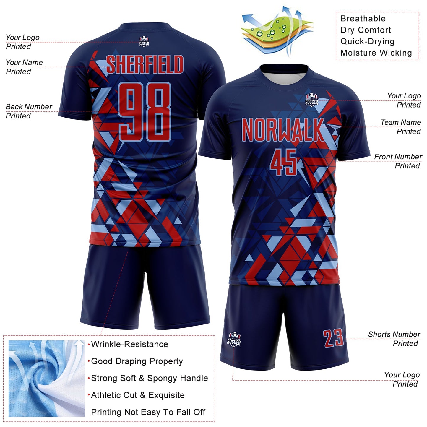 Custom Navy Red US Navy Blue-Light Blue Geometric Grid Gradient Sublimation Soccer Uniform Jersey view 4