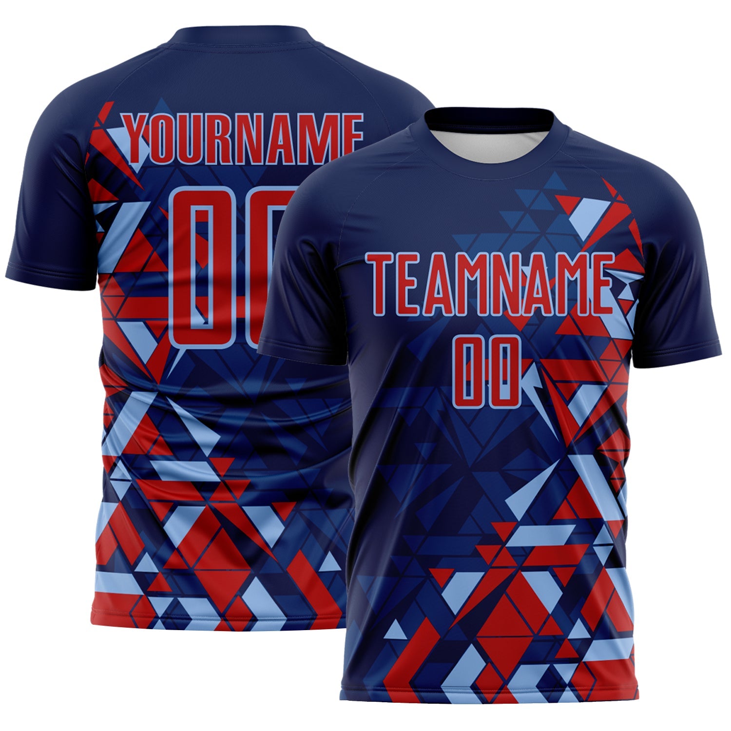 Custom Navy Red US Navy Blue-Light Blue Geometric Grid Gradient Sublimation Soccer Uniform Jersey - Main View