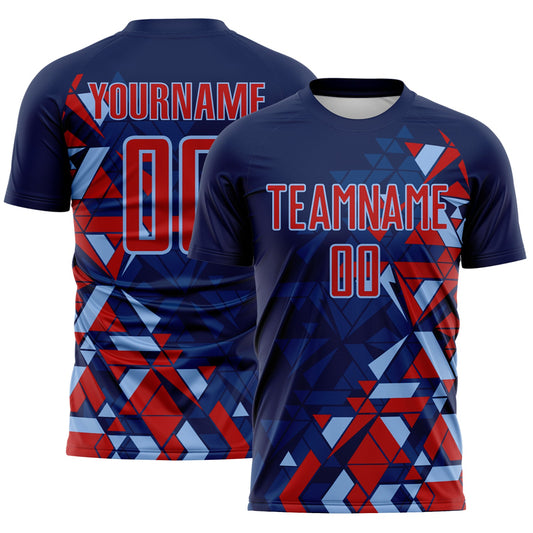 Custom Navy Red US Navy Blue-Light Blue Geometric Grid Gradient Sublimation Soccer Uniform Jersey - Main View