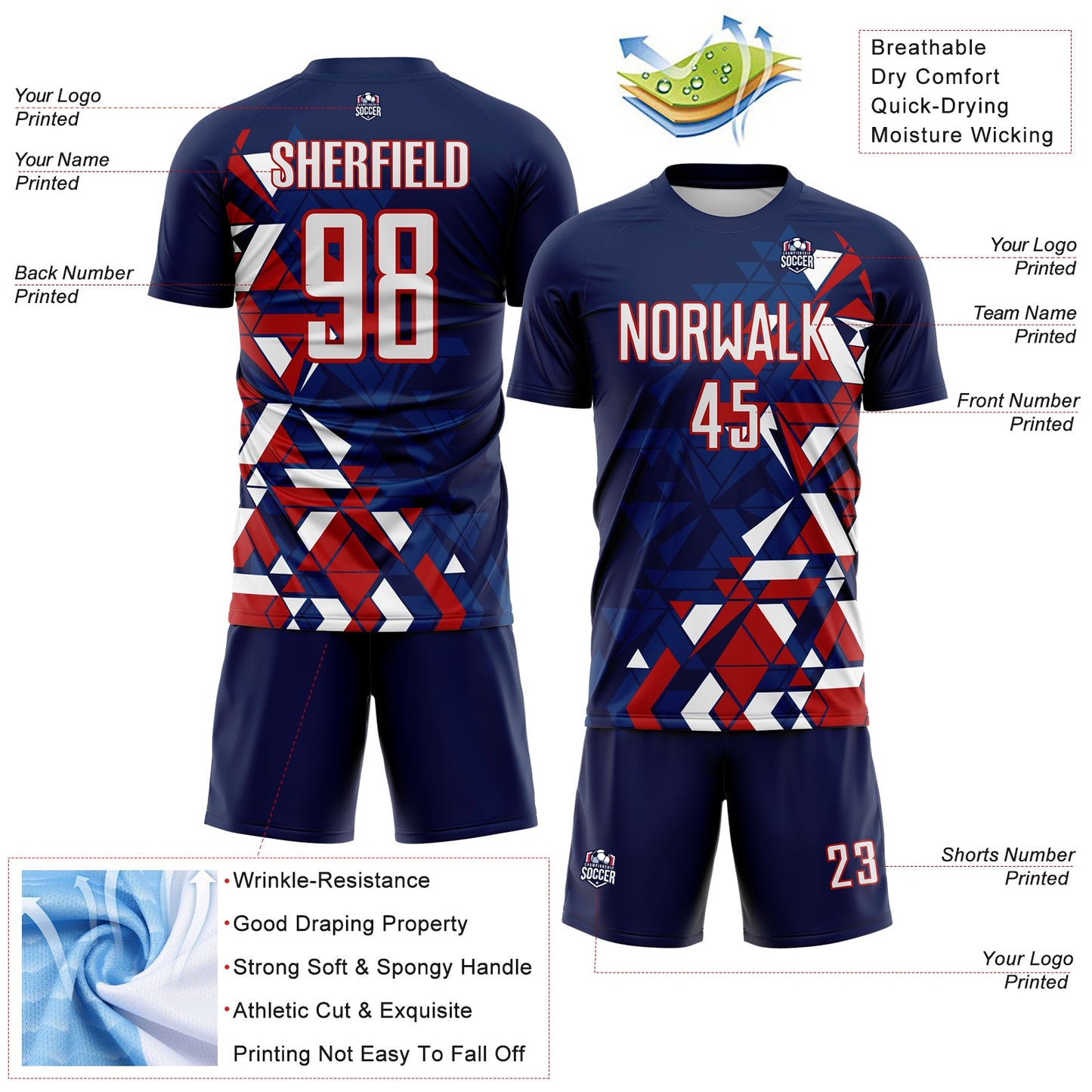 Custom Navy White US Navy Blue-Red Geometric Grid Gradient Sublimation Soccer Uniform Jersey view 4