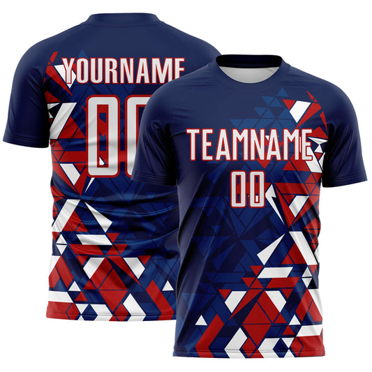 Custom Navy White US Navy Blue-Red Geometric Grid Gradient Sublimation Soccer Uniform Jersey - Main View