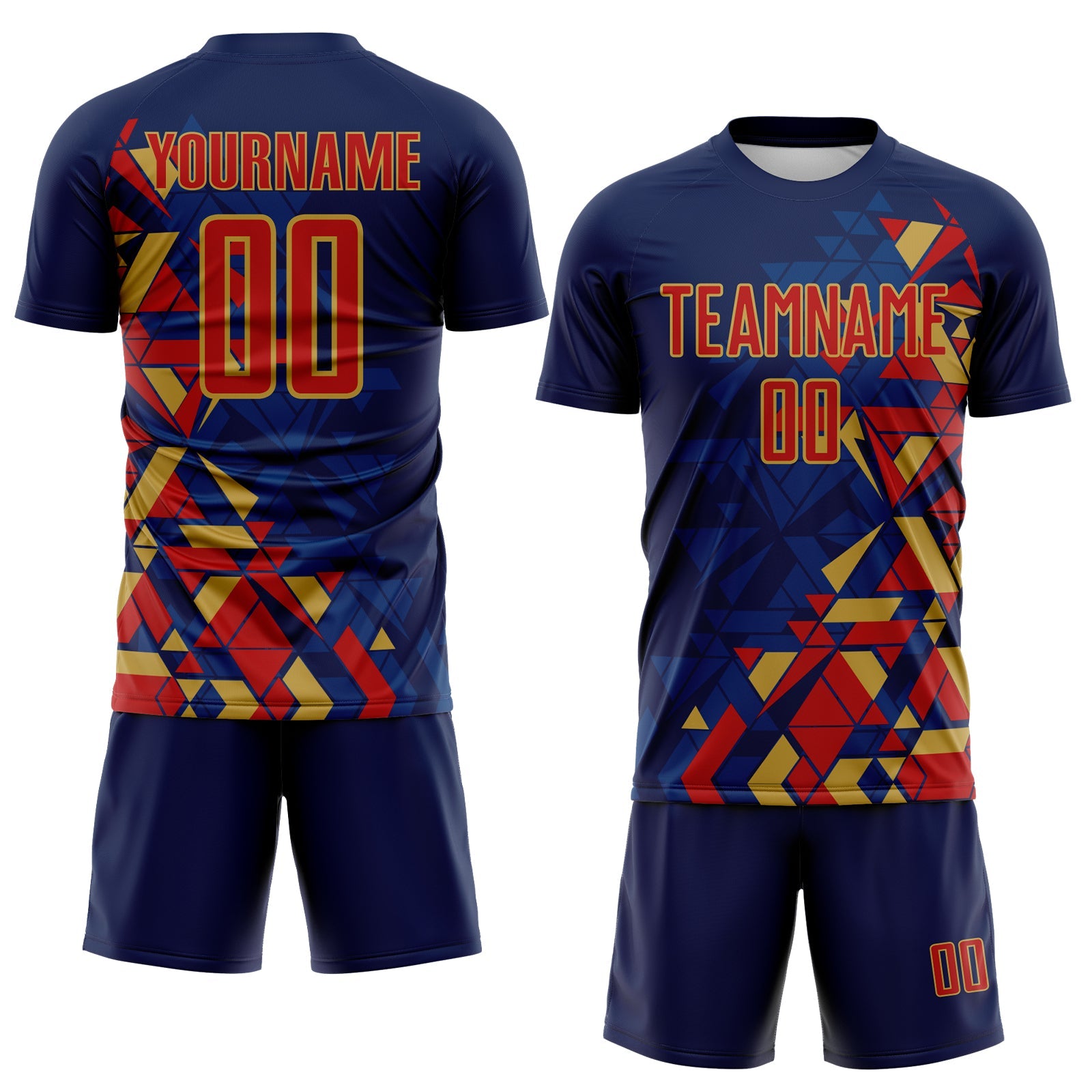 Custom Navy Red US Navy Blue-Old Gold Geometric Grid Gradient Sublimation Soccer Uniform Jersey view 2
