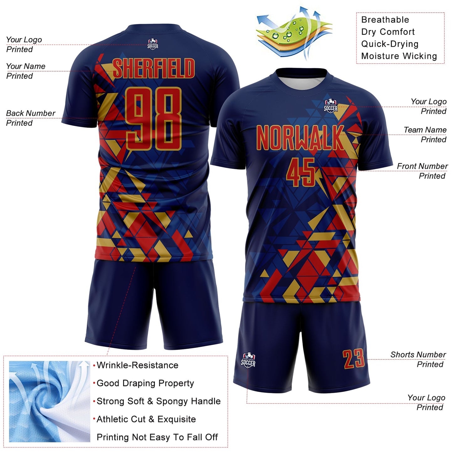 Custom Navy Red US Navy Blue-Old Gold Geometric Grid Gradient Sublimation Soccer Uniform Jersey view 4