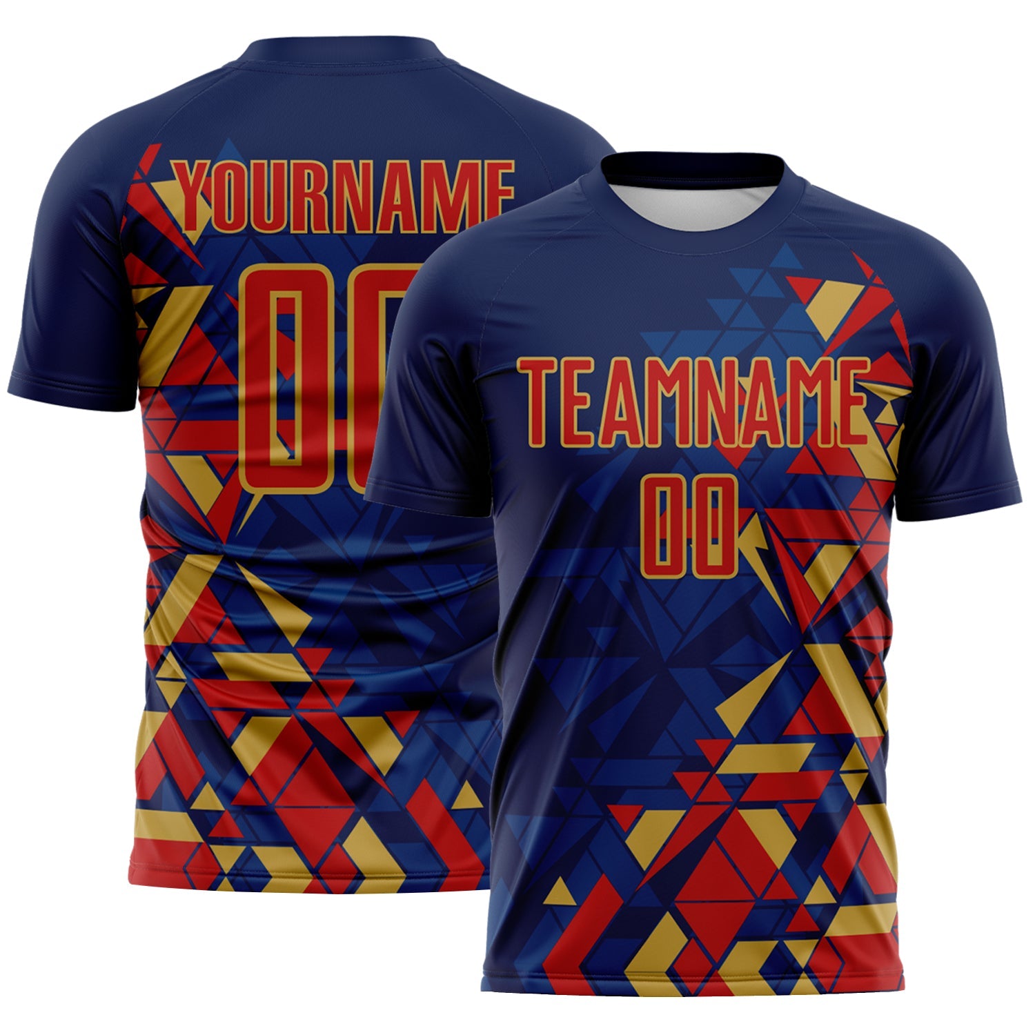 Custom Navy Red US Navy Blue-Old Gold Geometric Grid Gradient Sublimation Soccer Uniform Jersey - Main View