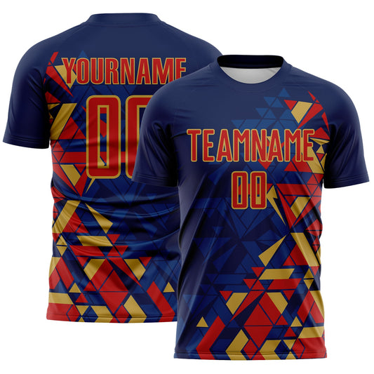 Custom Navy Red US Navy Blue-Old Gold Geometric Grid Gradient Sublimation Soccer Uniform Jersey - Main View