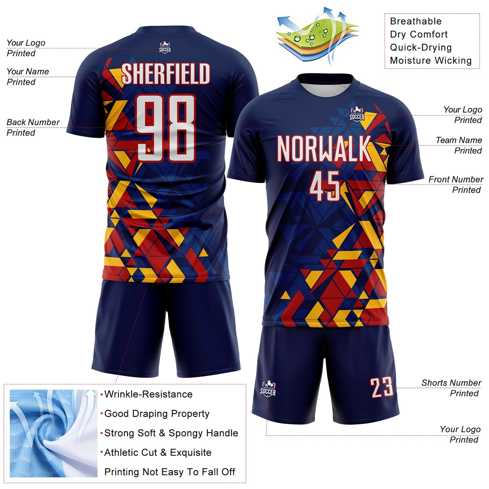 Custom Navy White US Navy Blue Red-Gold Geometric Grid Gradient Sublimation Soccer Uniform Jersey view 4