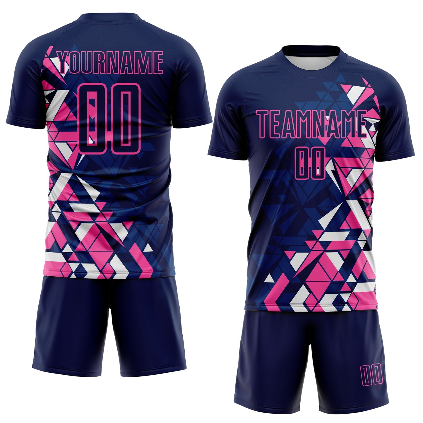 Custom Navy US Navy Blue Pink-White Geometric Grid Gradient Sublimation Soccer Uniform Jersey view 2