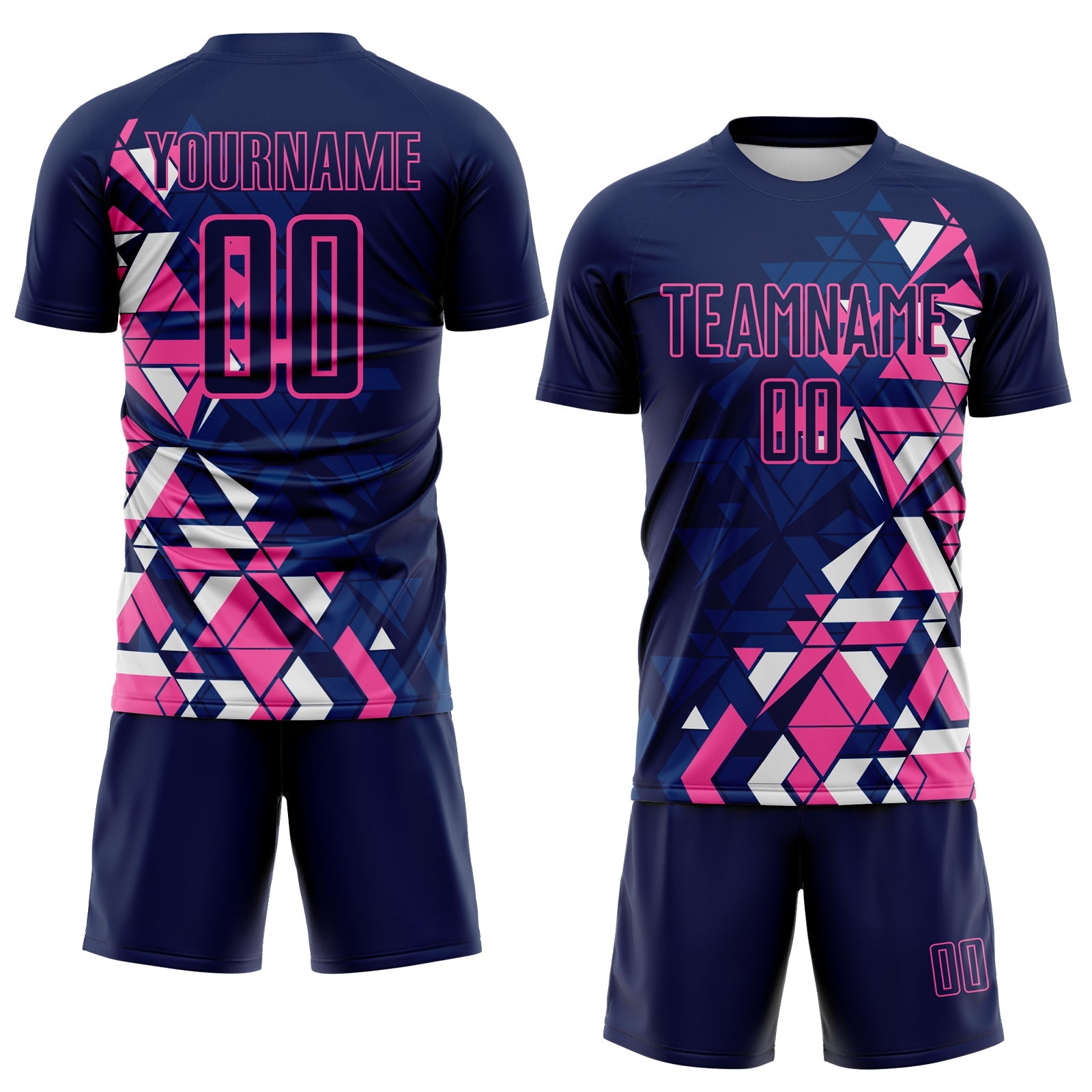 Custom Navy US Navy Blue Pink-White Geometric Grid Gradient Sublimation Soccer Uniform Jersey view 2