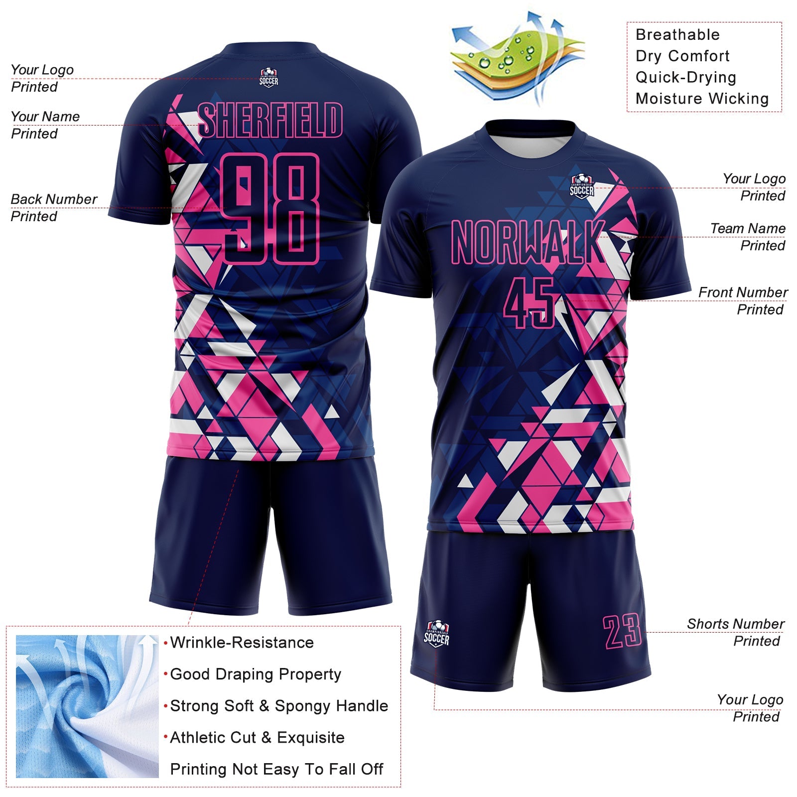 Custom Navy US Navy Blue Pink-White Geometric Grid Gradient Sublimation Soccer Uniform Jersey view 4