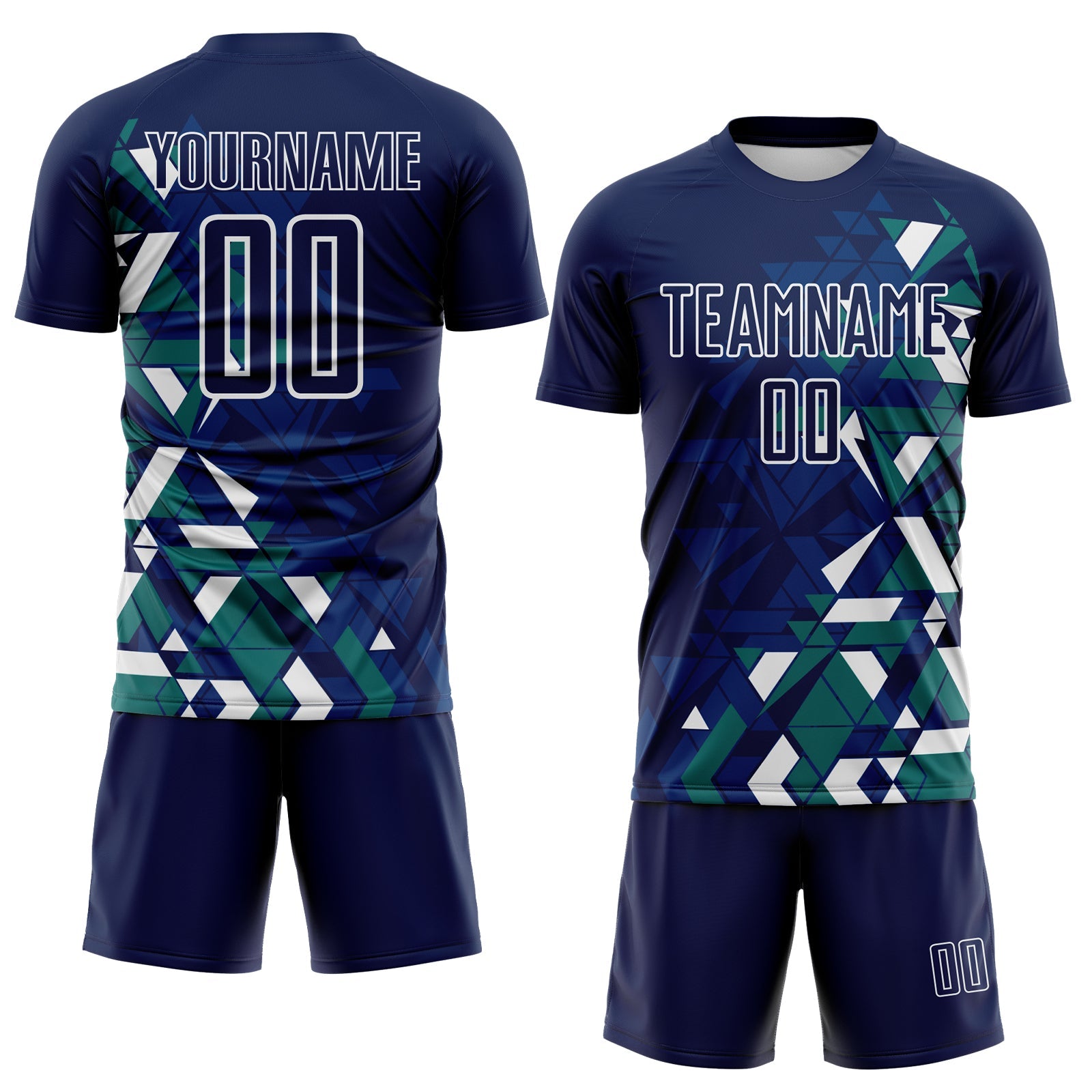 Custom Navy US Navy Blue Teal-White Geometric Grid Gradient Sublimation Soccer Uniform Jersey view 2