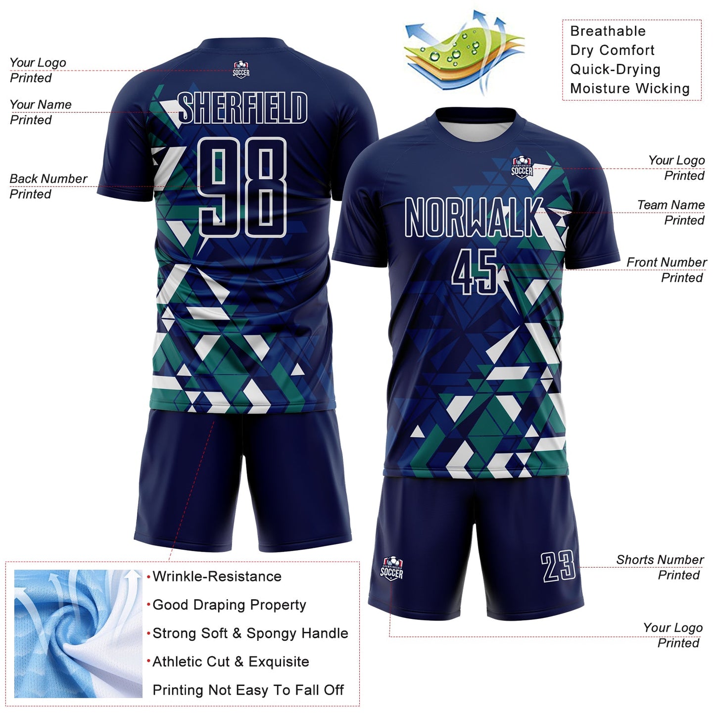 Custom Navy US Navy Blue Teal-White Geometric Grid Gradient Sublimation Soccer Uniform Jersey view 4