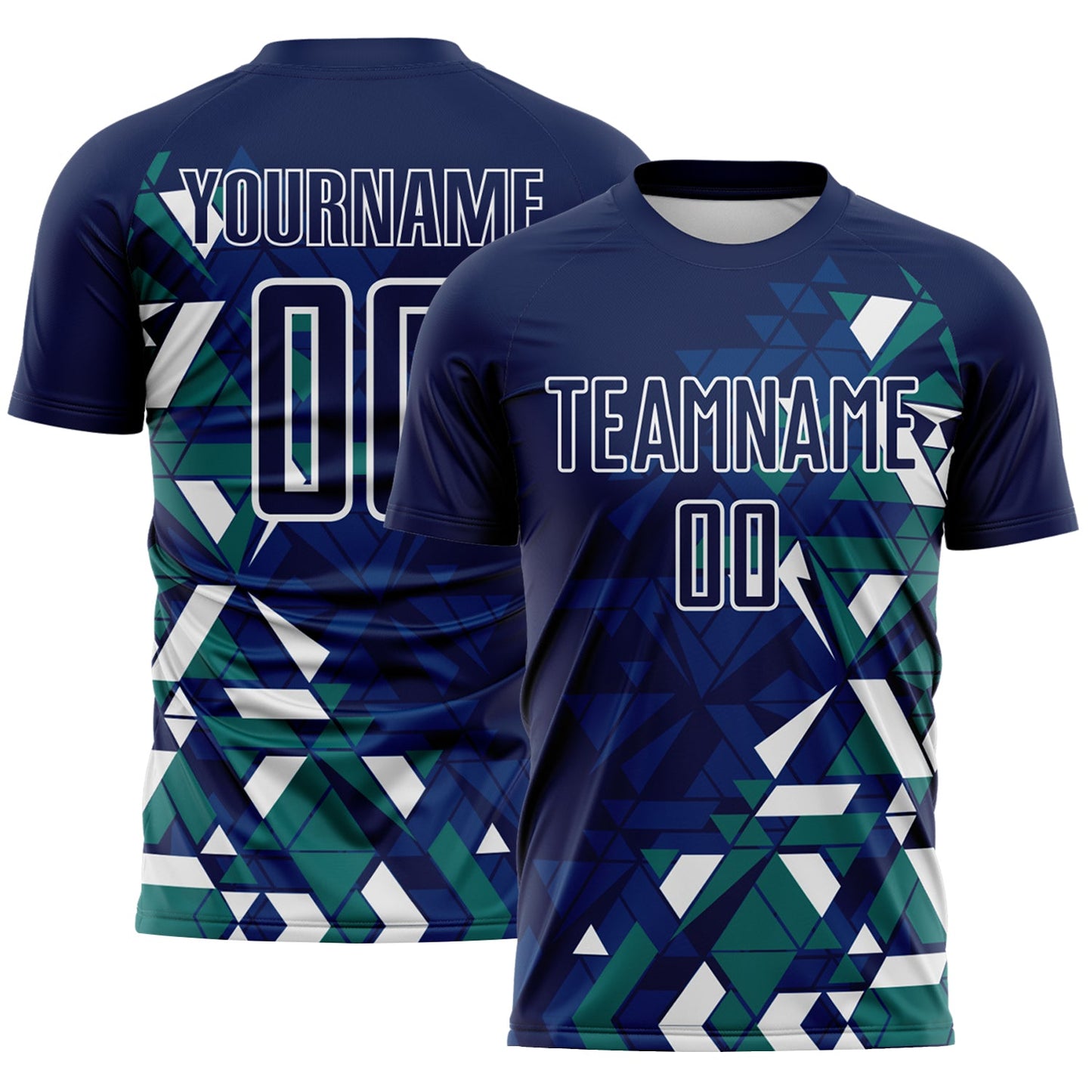Custom Navy US Navy Blue Teal-White Geometric Grid Gradient Sublimation Soccer Uniform Jersey - Main View