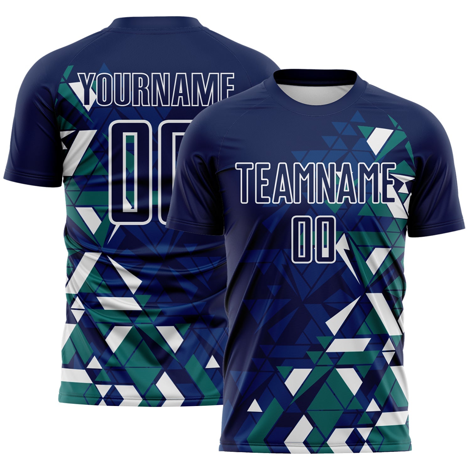 Custom Navy US Navy Blue Teal-White Geometric Grid Gradient Sublimation Soccer Uniform Jersey - Main View