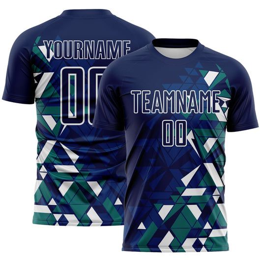 Custom Navy US Navy Blue Teal-White Geometric Grid Gradient Sublimation Soccer Uniform Jersey - Main View