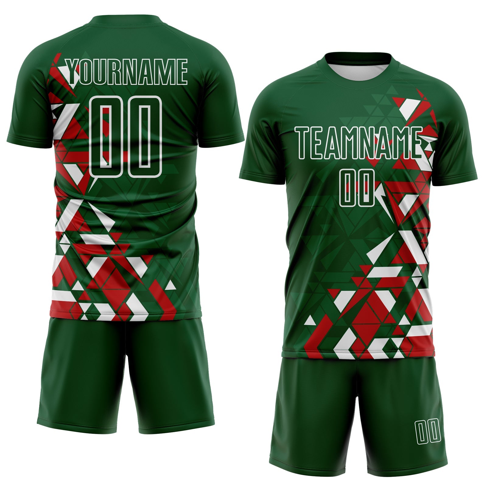 Custom Green Red-White Geometric Grid Gradient Sublimation Soccer Uniform Jersey view 2