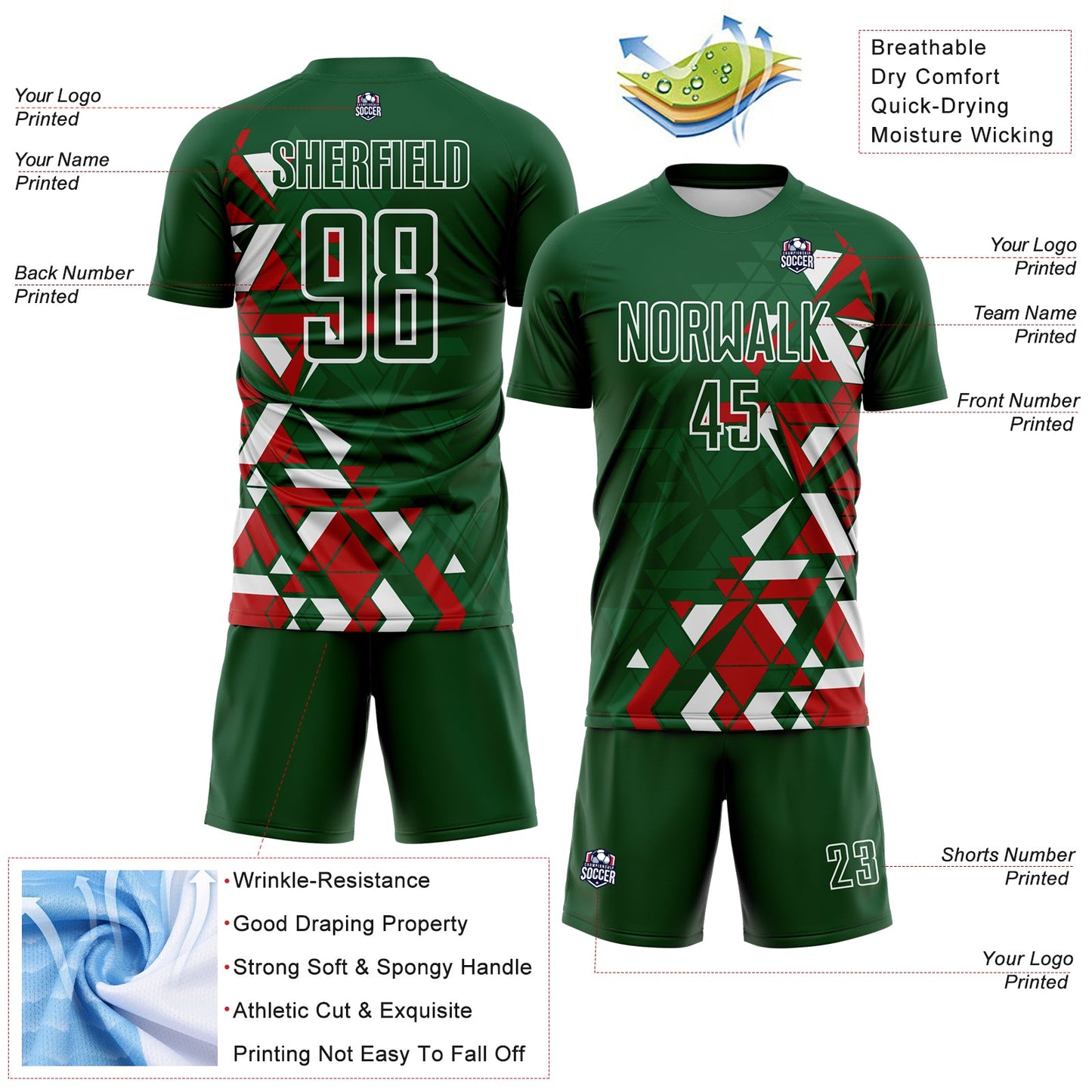 Custom Green Red-White Geometric Grid Gradient Sublimation Soccer Uniform Jersey view 4