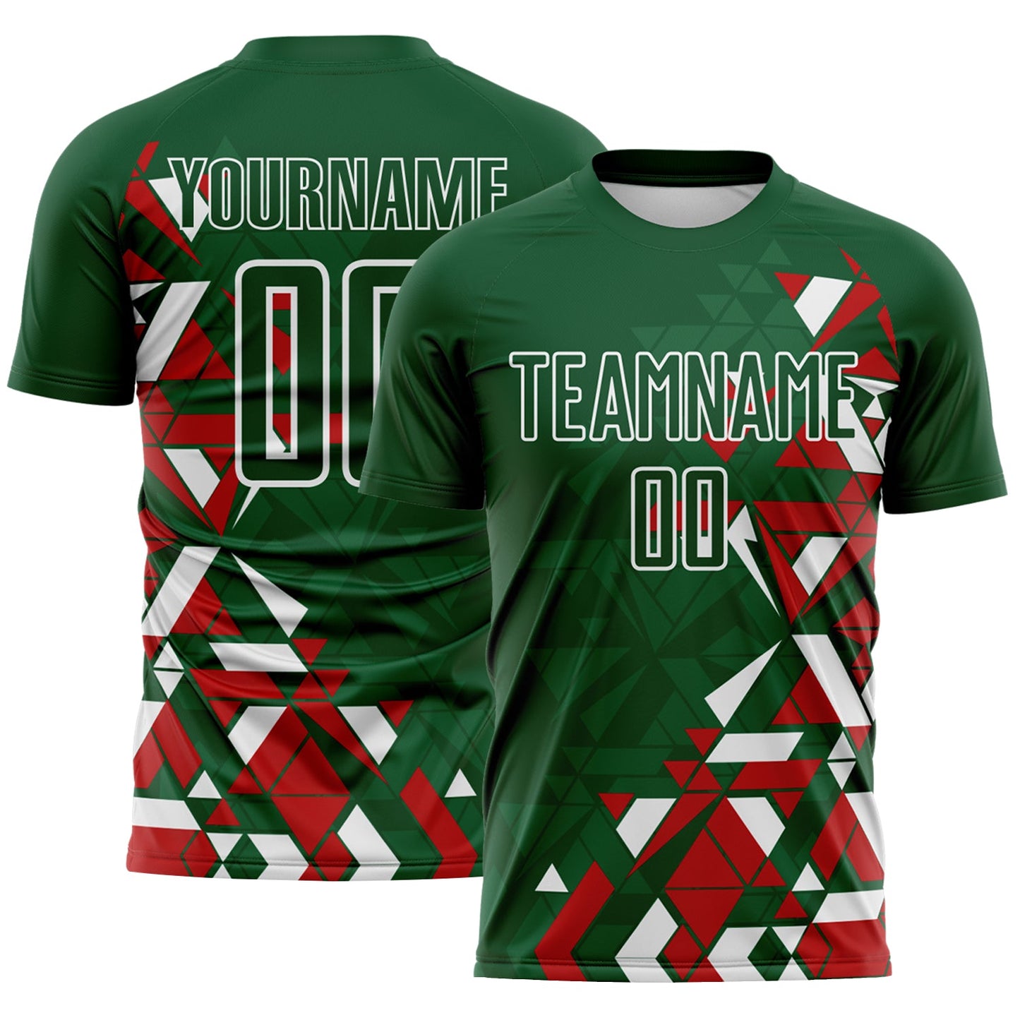 Custom Green Red-White Geometric Grid Gradient Sublimation Soccer Uniform Jersey - Main View