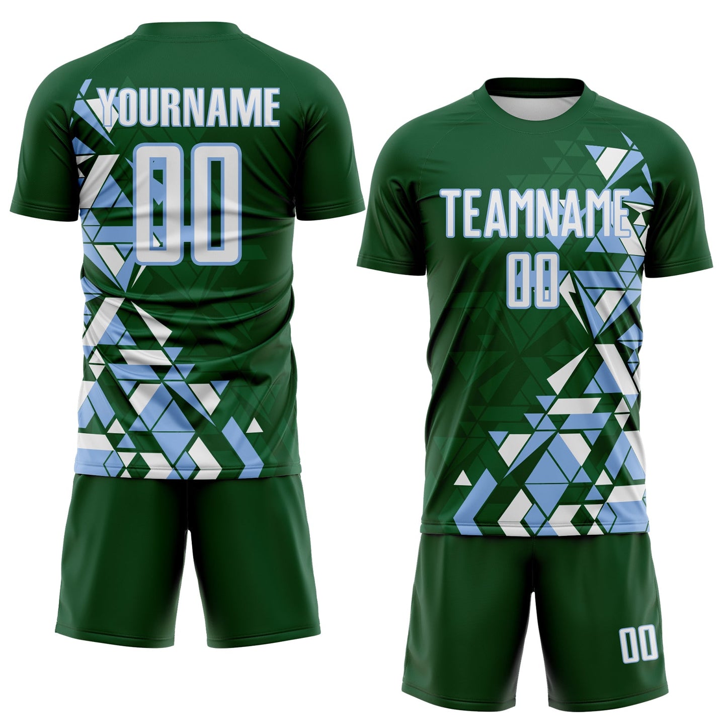 Custom Green White-Light Blue Geometric Grid Gradient Sublimation Soccer Uniform Jersey view 2