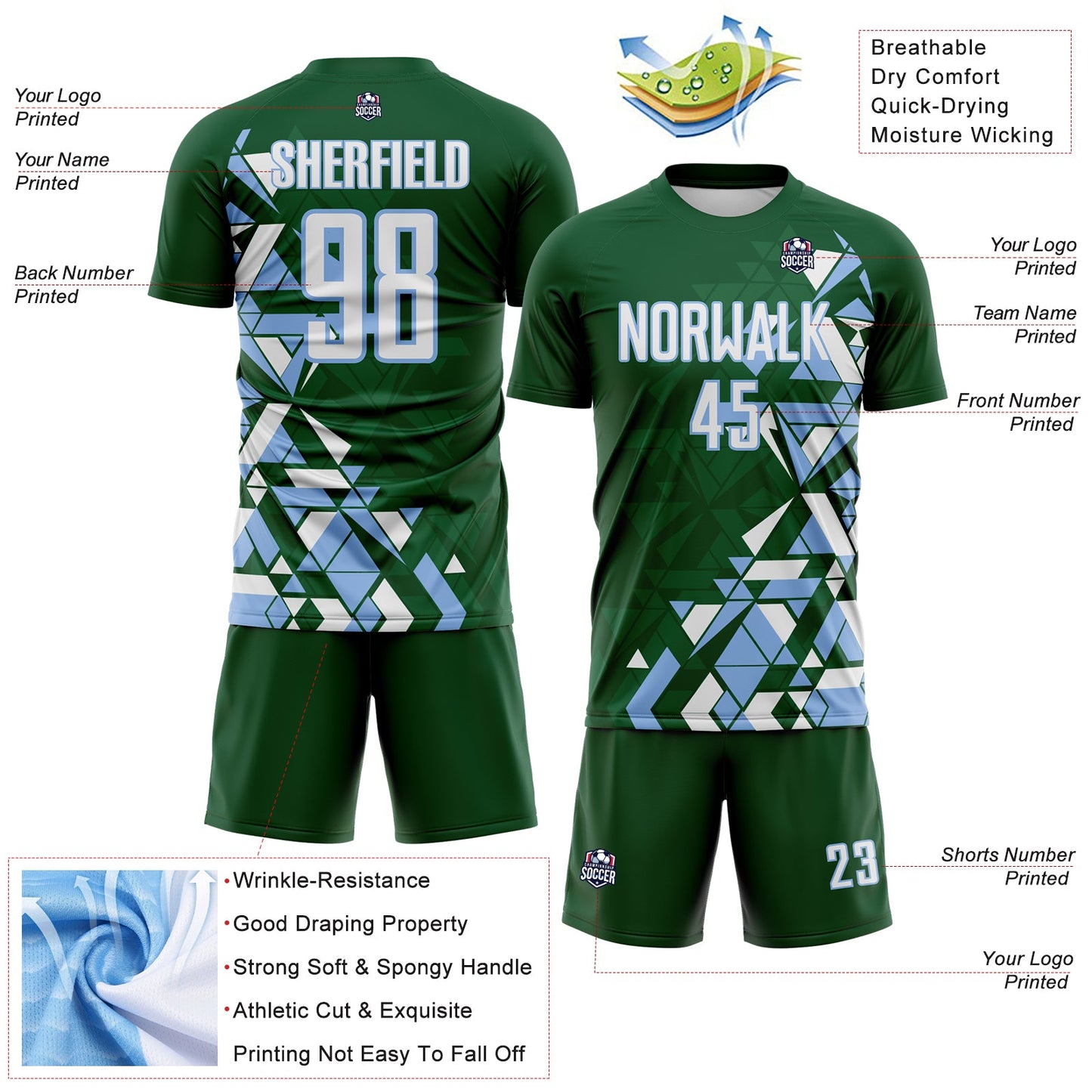 Custom Green White-Light Blue Geometric Grid Gradient Sublimation Soccer Uniform Jersey view 4