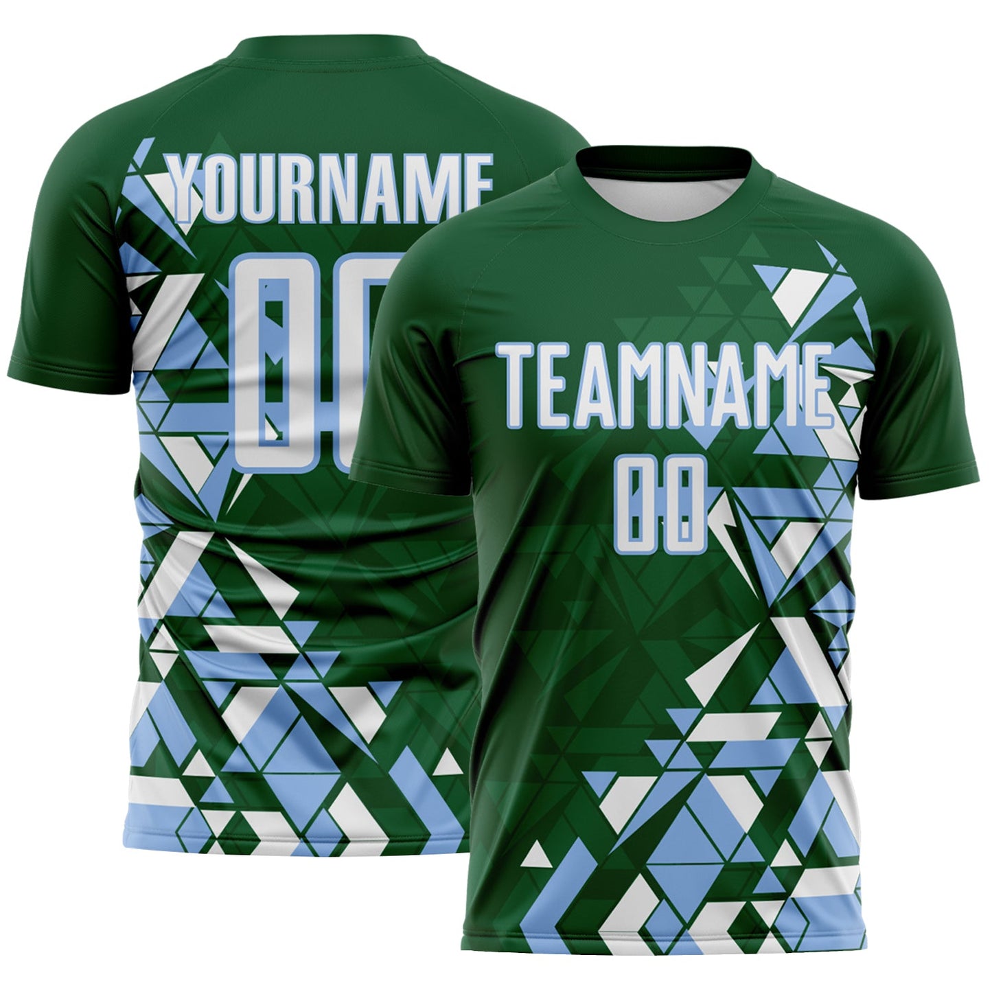 Custom Green White-Light Blue Geometric Grid Gradient Sublimation Soccer Uniform Jersey - Main View