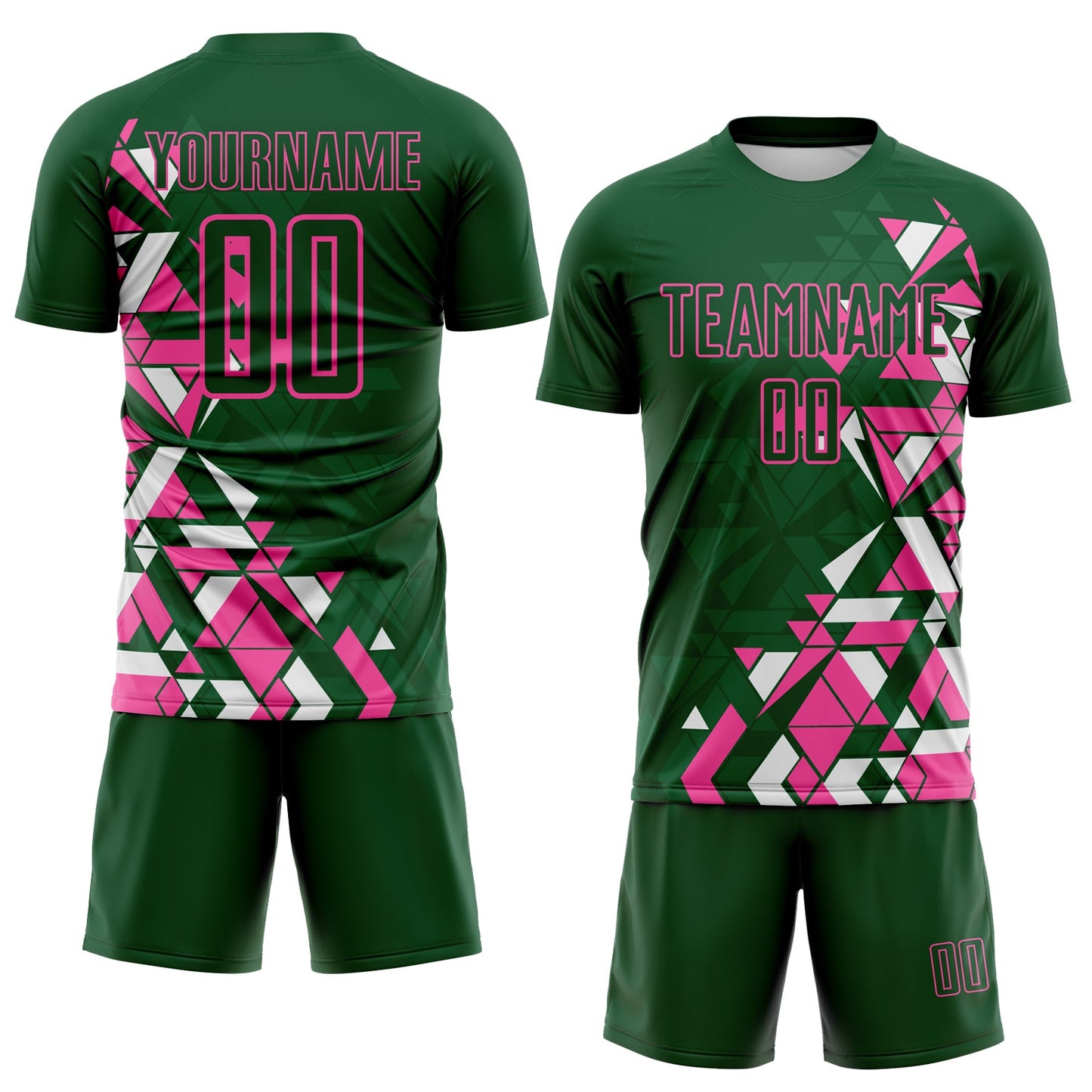 Custom Green Pink-White Geometric Grid Gradient Sublimation Soccer Uniform Jersey view 2