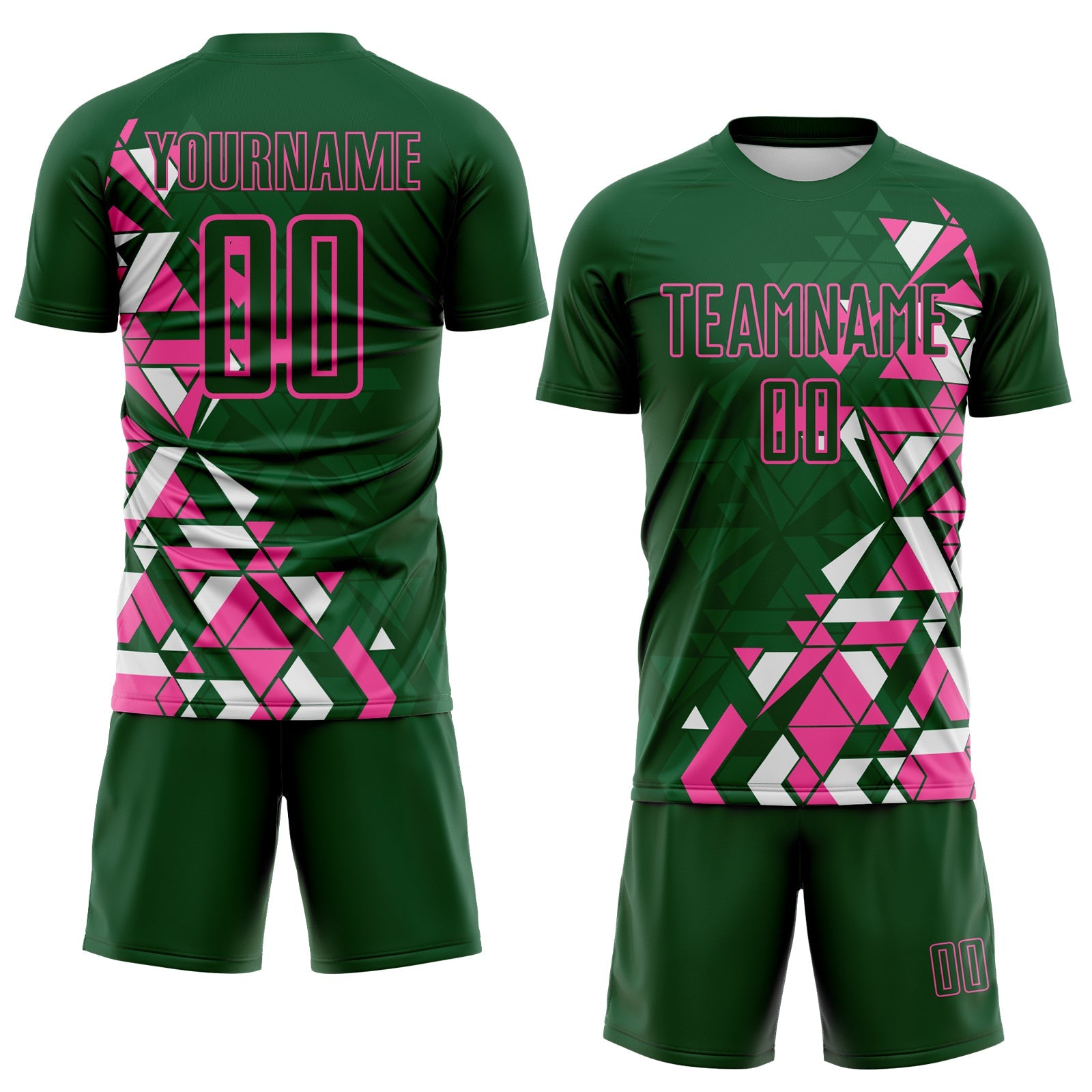 Custom Green Pink-White Geometric Grid Gradient Sublimation Soccer Uniform Jersey view 2