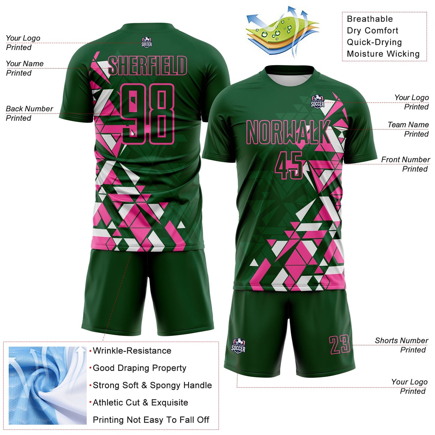 Custom Green Pink-White Geometric Grid Gradient Sublimation Soccer Uniform Jersey view 4