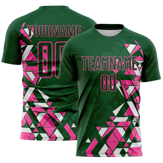 Custom Green Pink-White Geometric Grid Gradient Sublimation Soccer Uniform Jersey - Main View