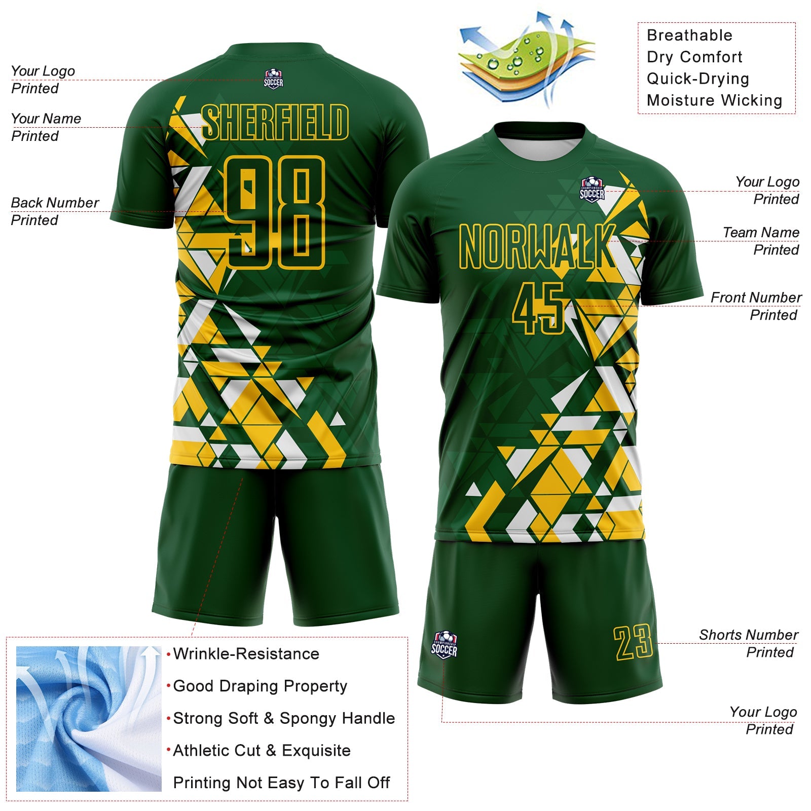 Custom Green Yellow-White Geometric Grid Gradient Sublimation Soccer Uniform Jersey view 4