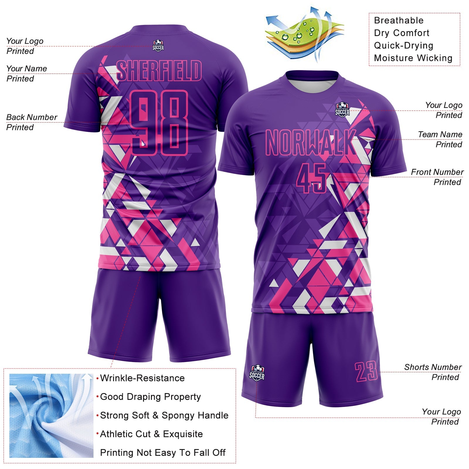 Custom Purple Pink-White Geometric Grid Gradient Sublimation Soccer Uniform Jersey view 4