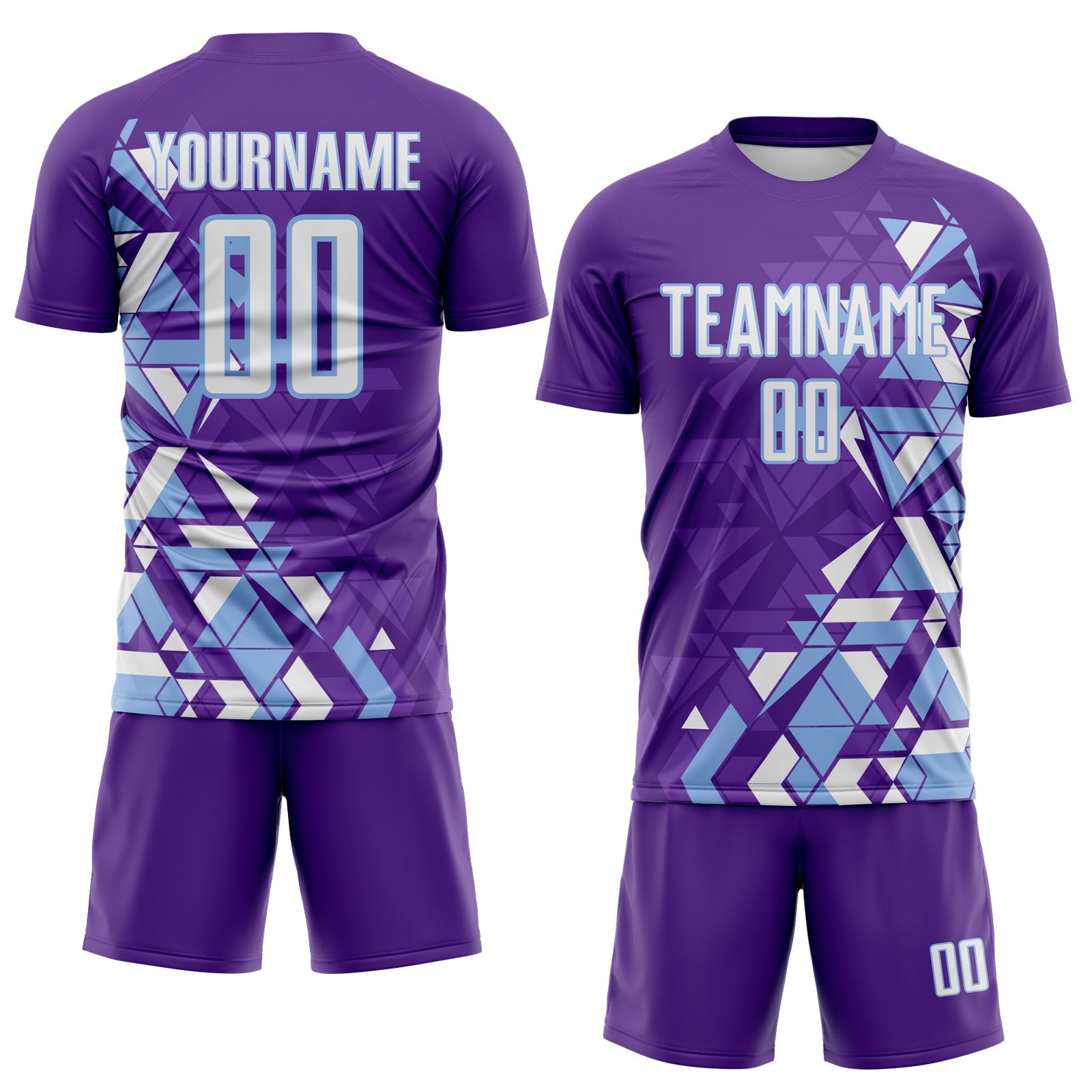 Custom Purple White-Light Blue Geometric Grid Gradient Sublimation Soccer Uniform Jersey view 2