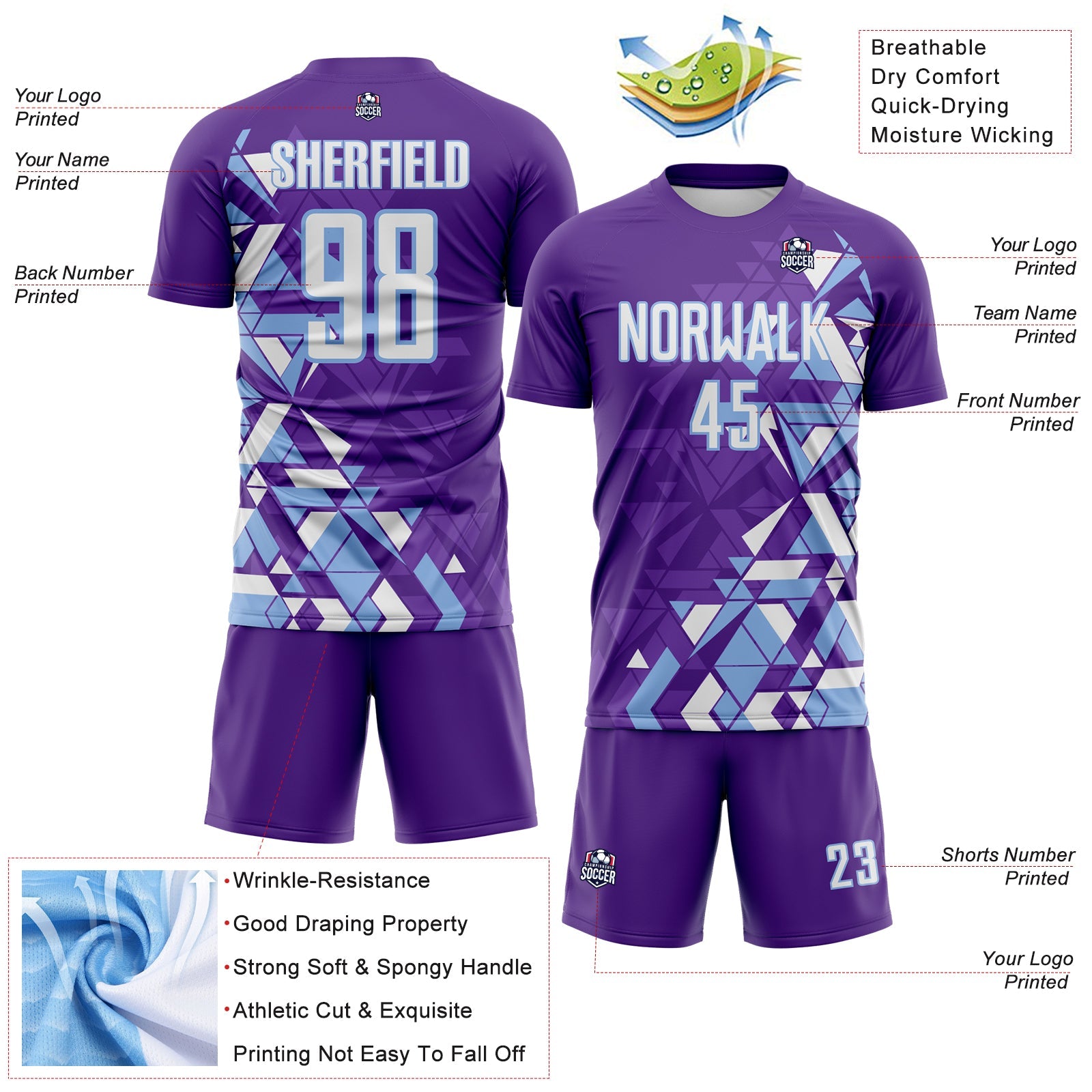 Custom Purple White-Light Blue Geometric Grid Gradient Sublimation Soccer Uniform Jersey view 4