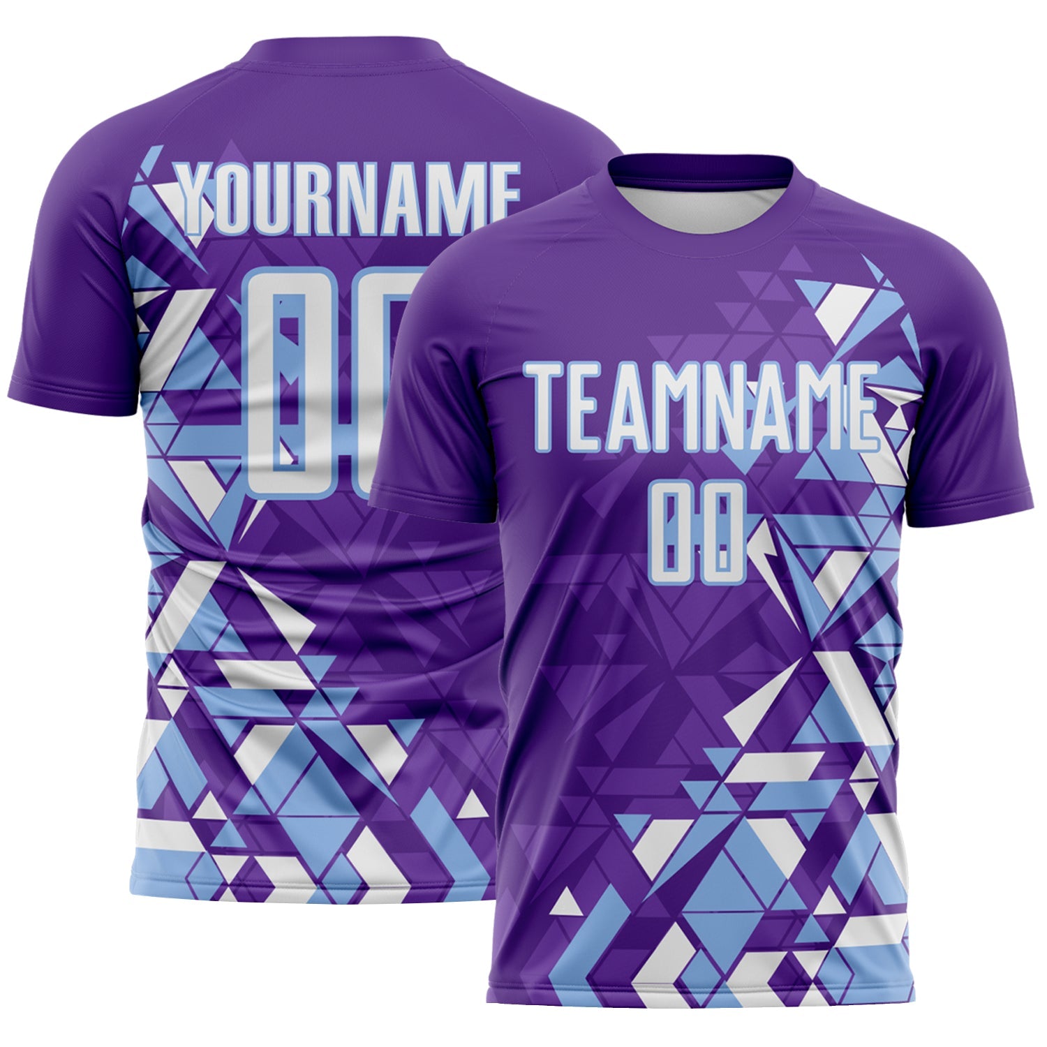 Custom Purple White-Light Blue Geometric Grid Gradient Sublimation Soccer Uniform Jersey - Main View