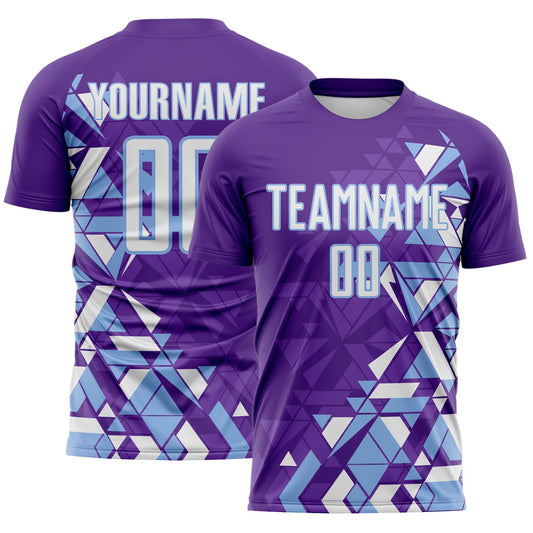 Custom Purple White-Light Blue Geometric Grid Gradient Sublimation Soccer Uniform Jersey - Main View