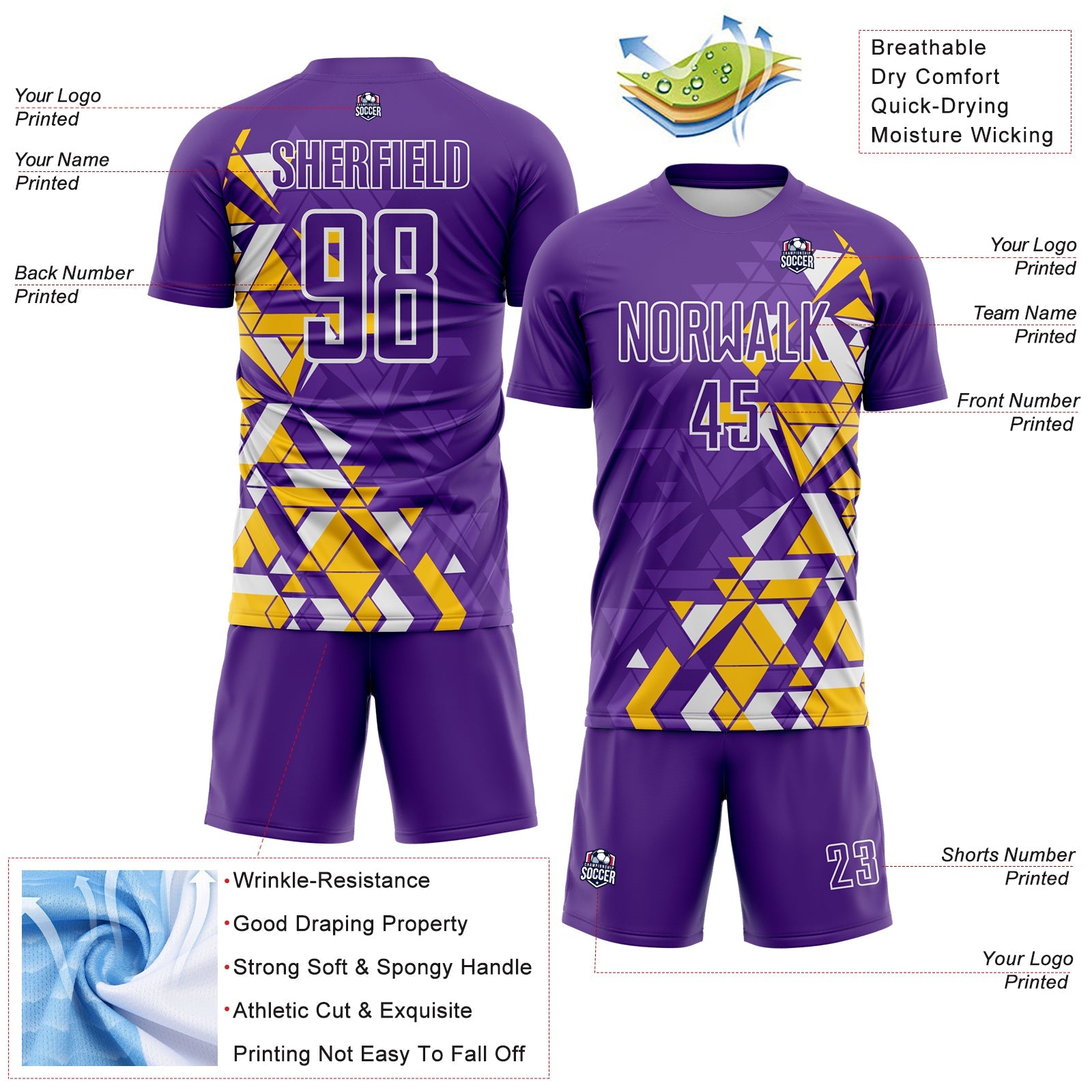 Custom Purple Yellow-White Geometric Grid Gradient Sublimation Soccer Uniform Jersey view 4