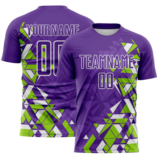 Custom Purple Neon Green-White Geometric Grid Gradient Sublimation Soccer Uniform Jersey - Main View