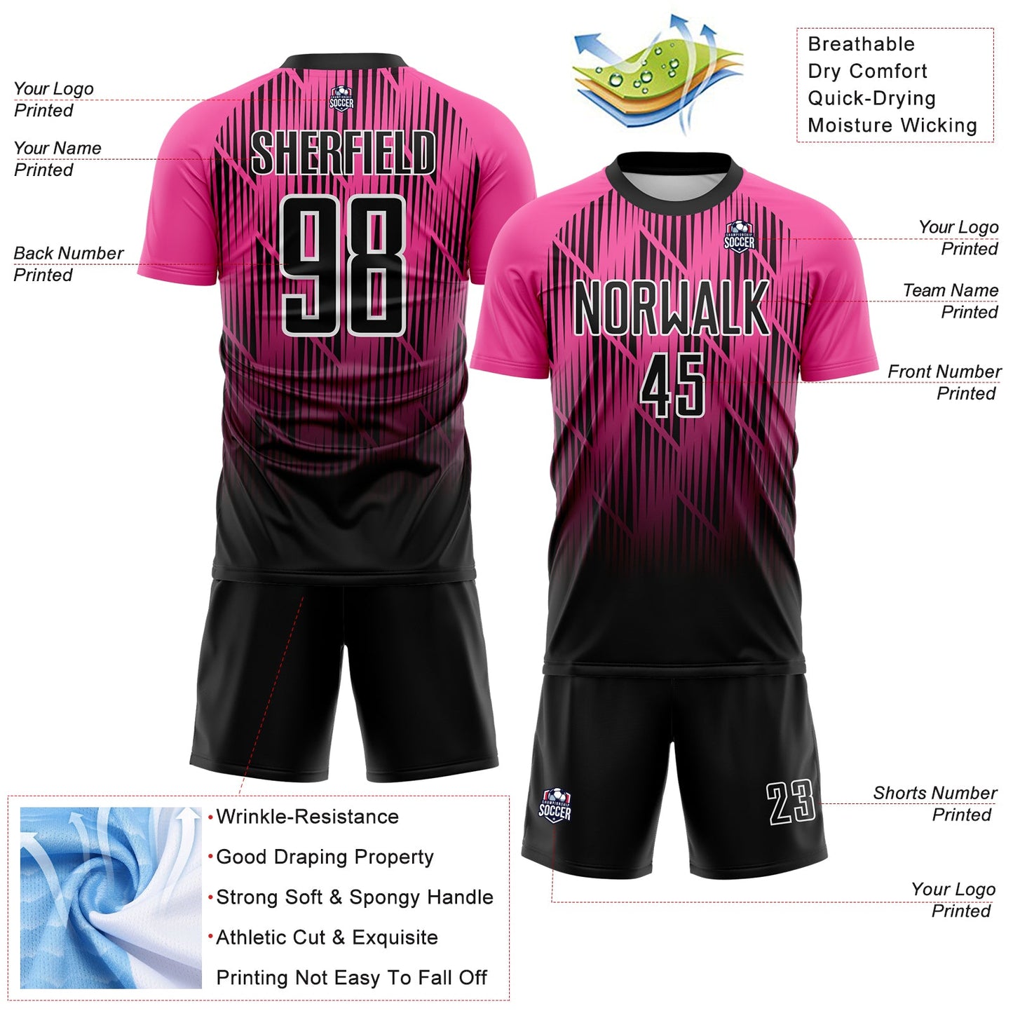 Custom Black Pink-White Spiked Sharp Lines Gradient Sublimation Soccer Uniform Jersey view 4