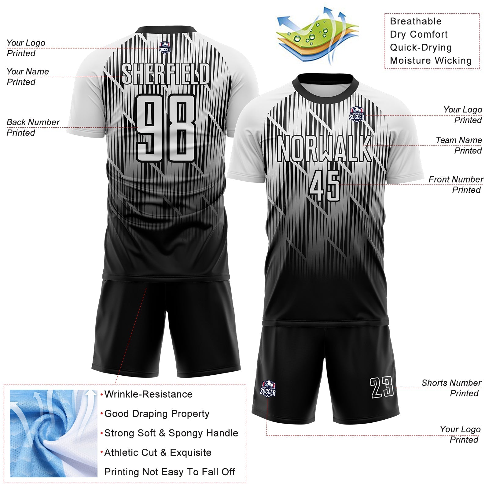 Custom Black-White Spiked Sharp Lines Gradient Sublimation Soccer Uniform Jersey view 4