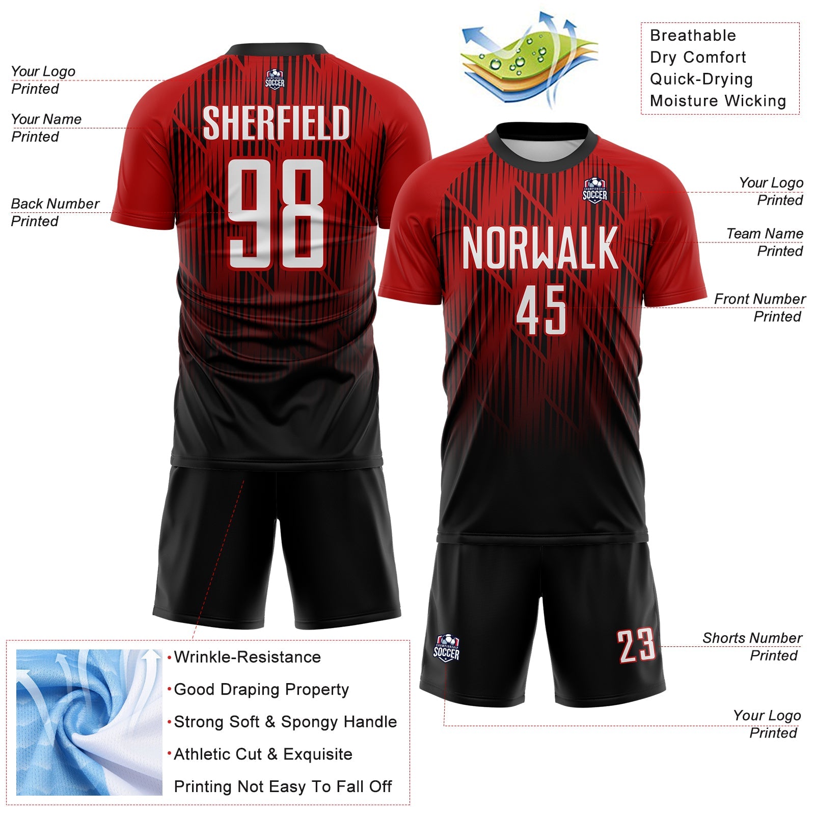 Custom Black White-Red Spiked Sharp Lines Gradient Sublimation Soccer Uniform Jersey view 4